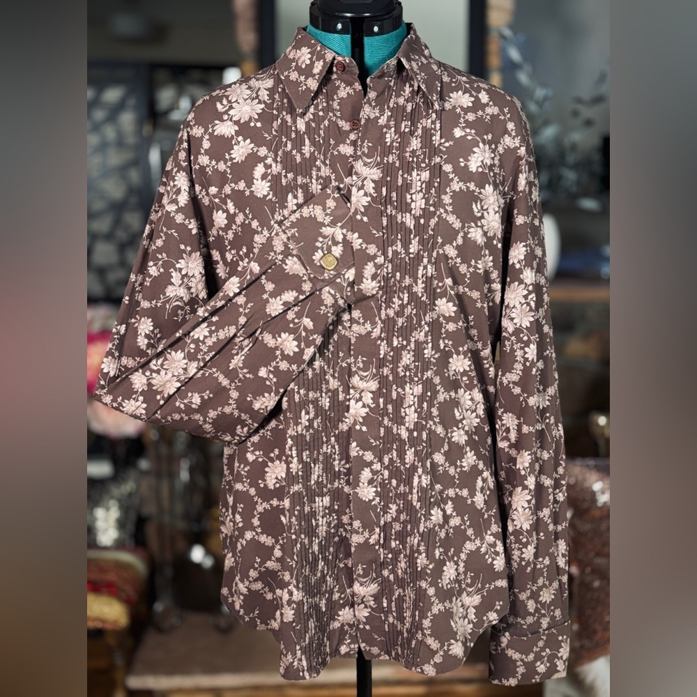 Frankie Morello Brown Floral Button Down Collared Dress Shirt w/ Cufflink Sz XXL
